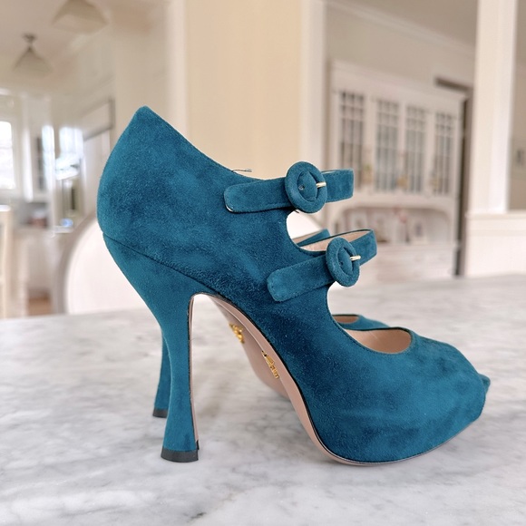 Prada suede teal double strap shoe 37 - Picture 2 of 14